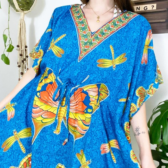 80s Vintage Orange Green Blue Butterfly Dragonfly Print Kaftan Swimsuit Coverup - Picture 3 of 4